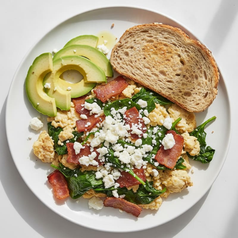 Crispy Turkey Bacon Egg White Scramble with Spinach and Feta