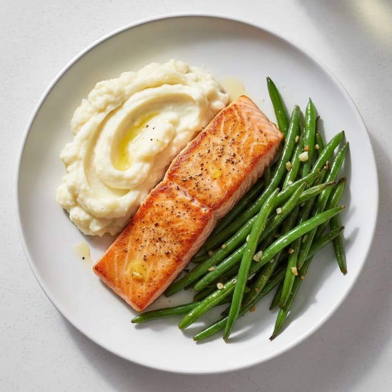 Seared Salmon with Garlic Green Beans and Mashed Cauliflower