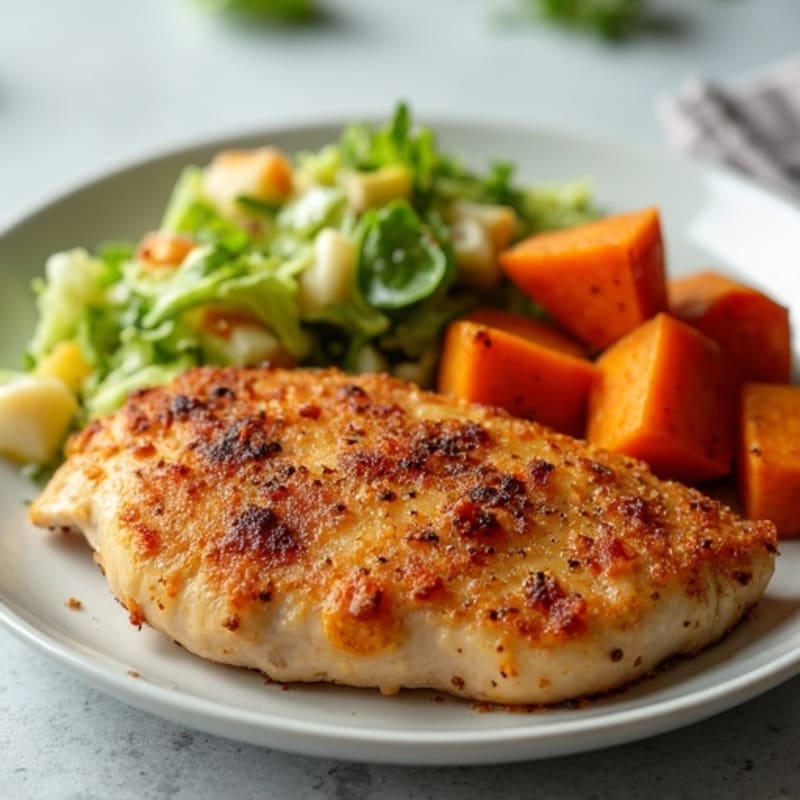 Crispy Roasted Chicken with Sweet Potatoes and Sautéed Cabbage