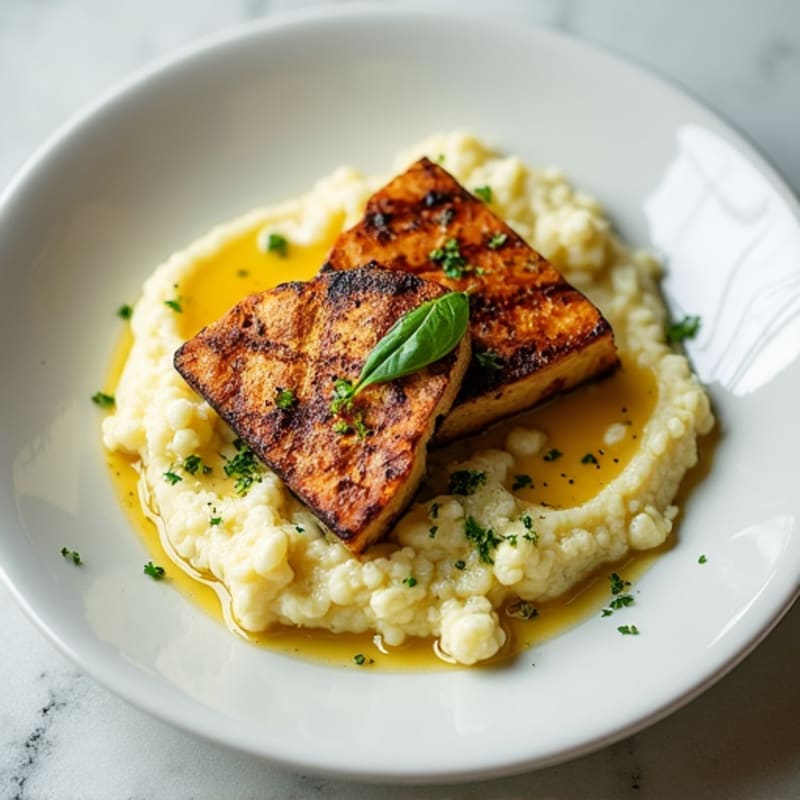 Grilled Tempeh with Garlic Herb Cauliflower Mash