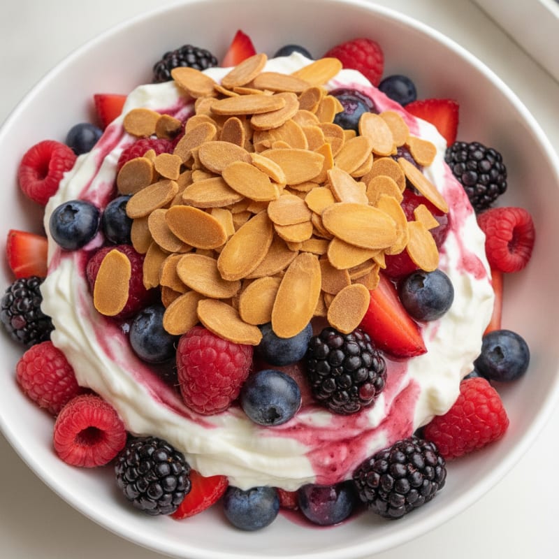 Greek Yogurt Protein Parfait with Mixed Berries and Almonds