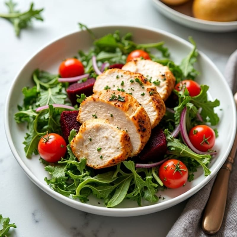 Roasted Beet and Arugula Salad with Grilled Chicken and Creamy Balsamic Dressing