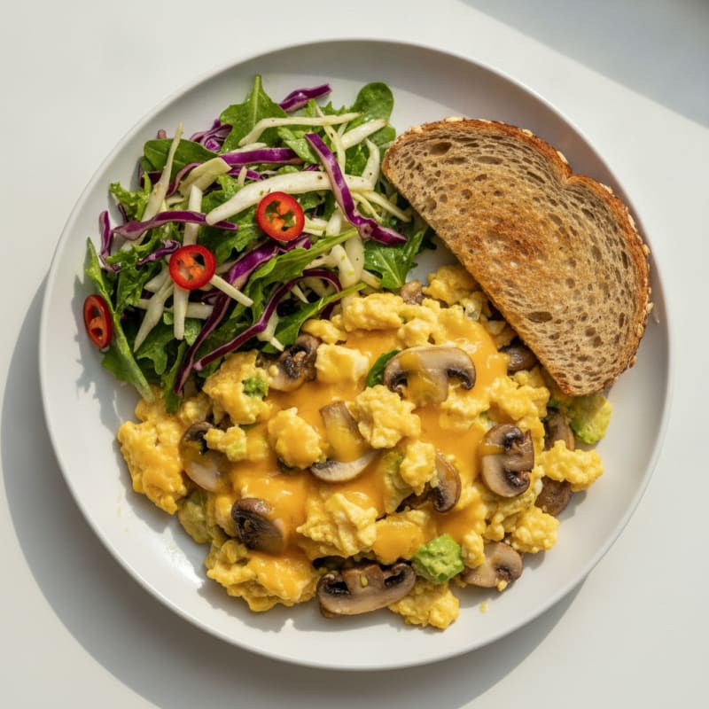 Cheesy Mushroom Scramble with Fresh Salad Greens