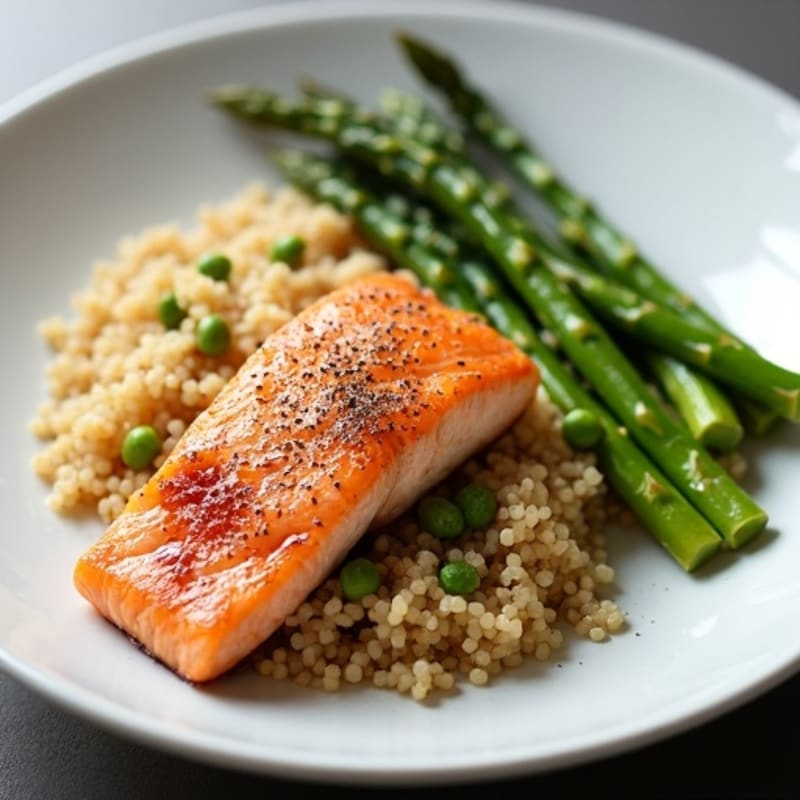 Pan-Seared Maple-Glazed Salmon with Roasted Asparagus and Quinoa