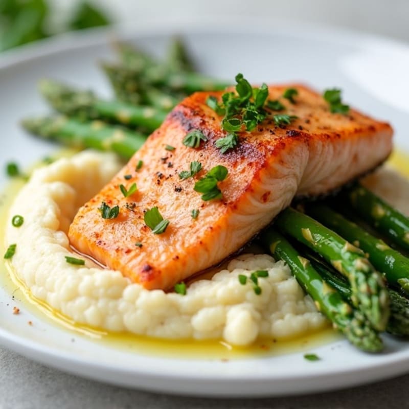 Seared Salmon with Steamed Asparagus and Cauliflower Mash