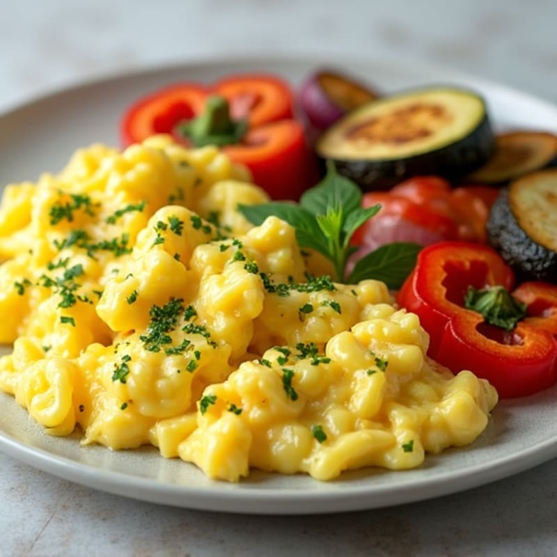 Fluffy Scrambled Eggs with Fresh Herbs and Roasted Vegetables