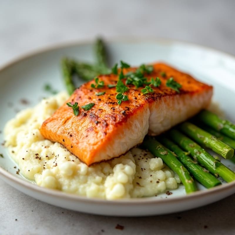 Seared Salmon with Steamed Asparagus and Cauliflower Mash