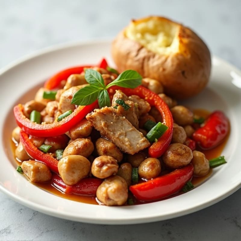 Pork Stir Fry with Peppers and Baked Potato