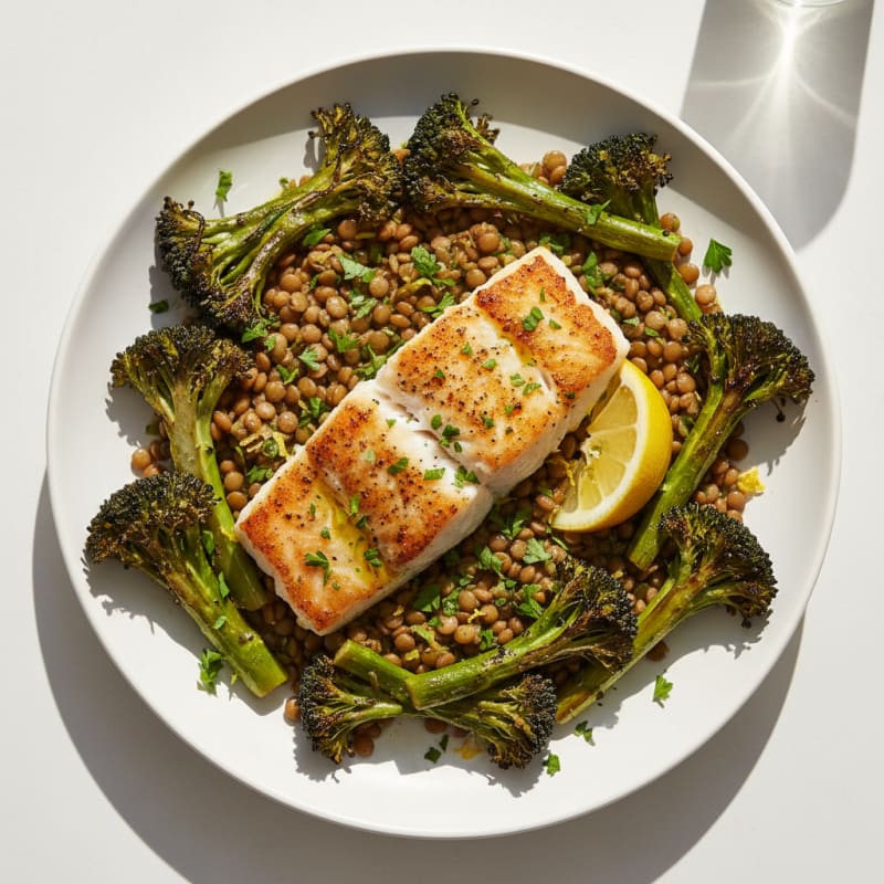 Seared Cod with Roasted Broccoli and Lemon Herb Lentils