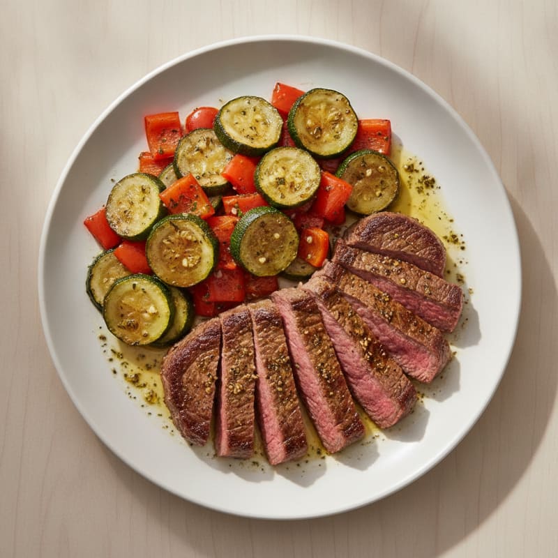 Seared Lean Beef with Herb-Roasted Zucchini and Bell Peppers