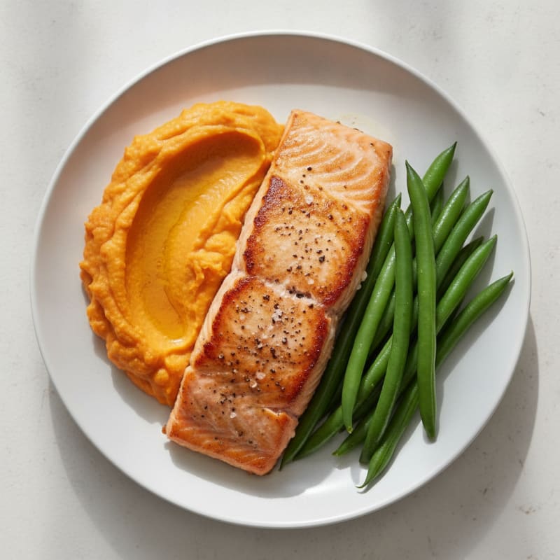 Seared Salmon with Steamed Green Beans and Sweet Potato Mash