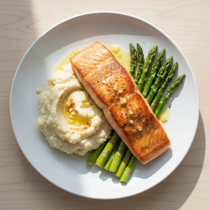 Seared Salmon with Steamed Asparagus and Garlic Mashed Cauliflower