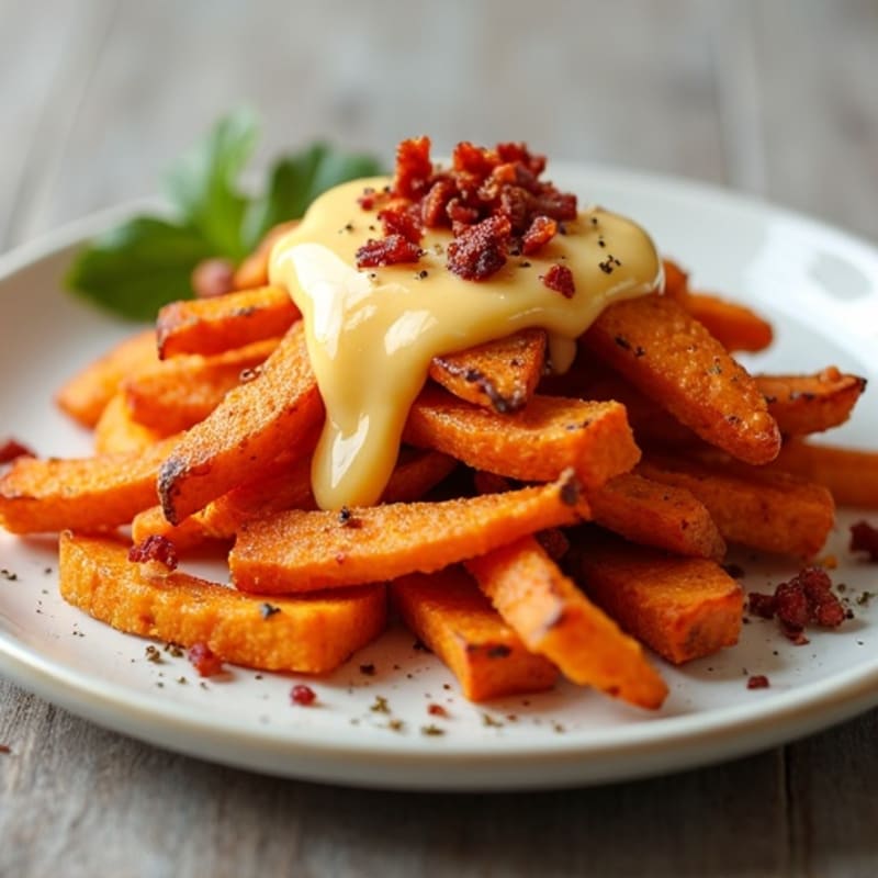 Crispy Roasted Sweet Potato Fries with Creamy Cheddar Sauce and Crumbled Bacon