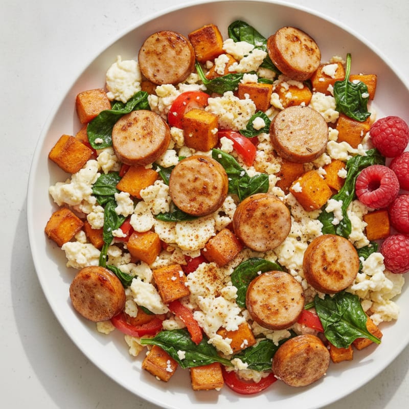 Chicken Sausage and Sweet Potato Scramble with Spinach
