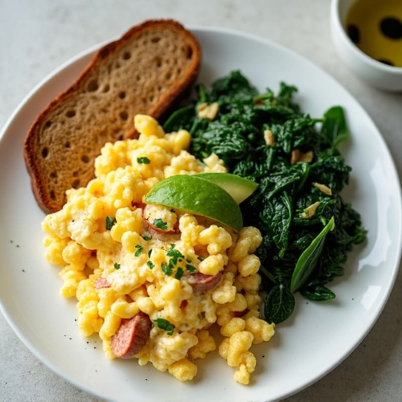 Egg White Scramble with Turkey Sausage and Sautéed Spinach
