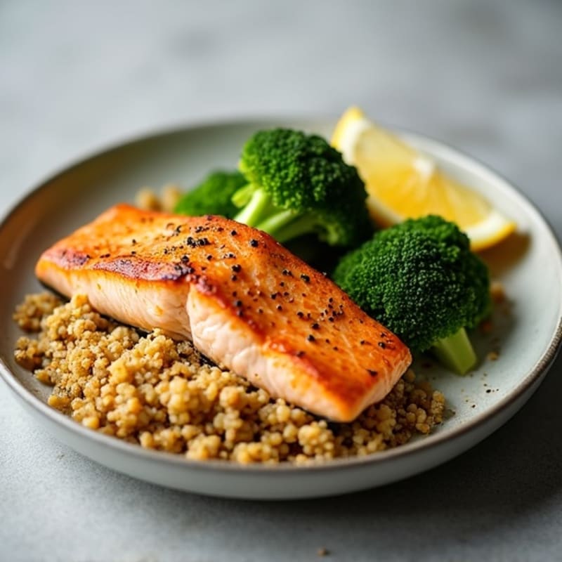 Seared Salmon Fillet with Roasted Broccoli and Garlic Quinoa