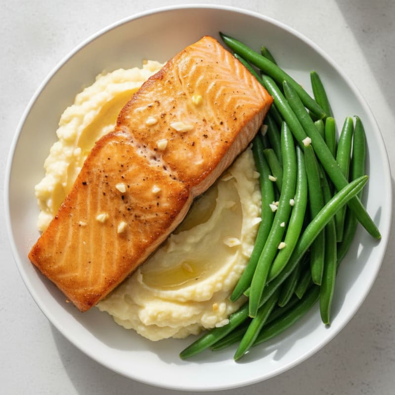 Seared Salmon with Steamed Green Beans and Garlic Mashed Cauliflower