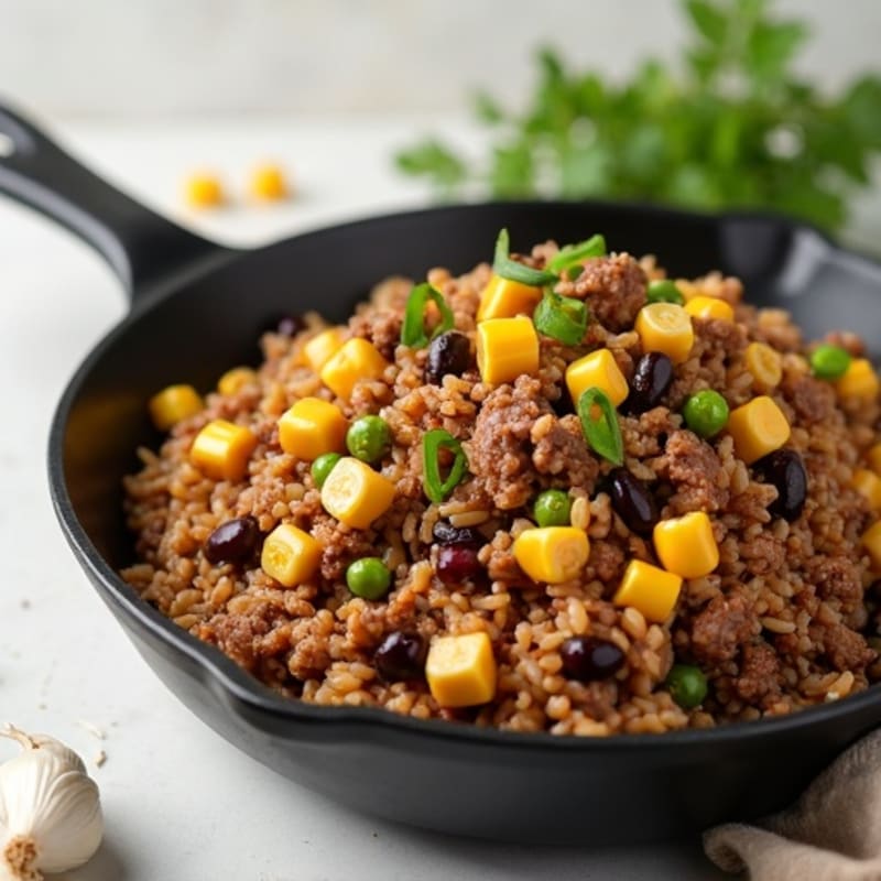 Lean Ground Beef Skillet with Brown Rice, Black Beans, and Sweet Corn