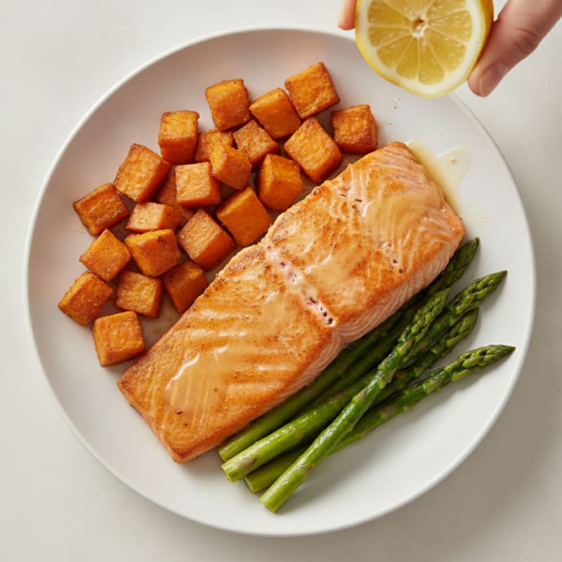 Seared Salmon with Roasted Sweet Potatoes and Asparagus