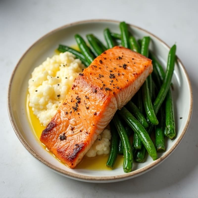 Seared Salmon with Garlic Green Beans and Cauliflower Mash
