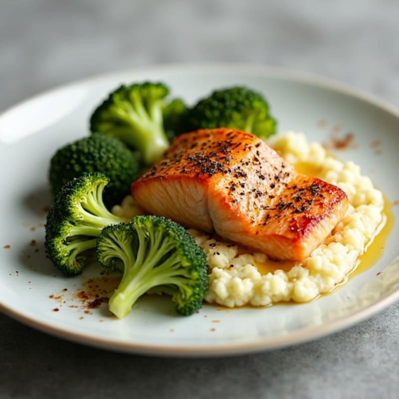 Seared Salmon with Roasted Broccoli and Garlic Mash