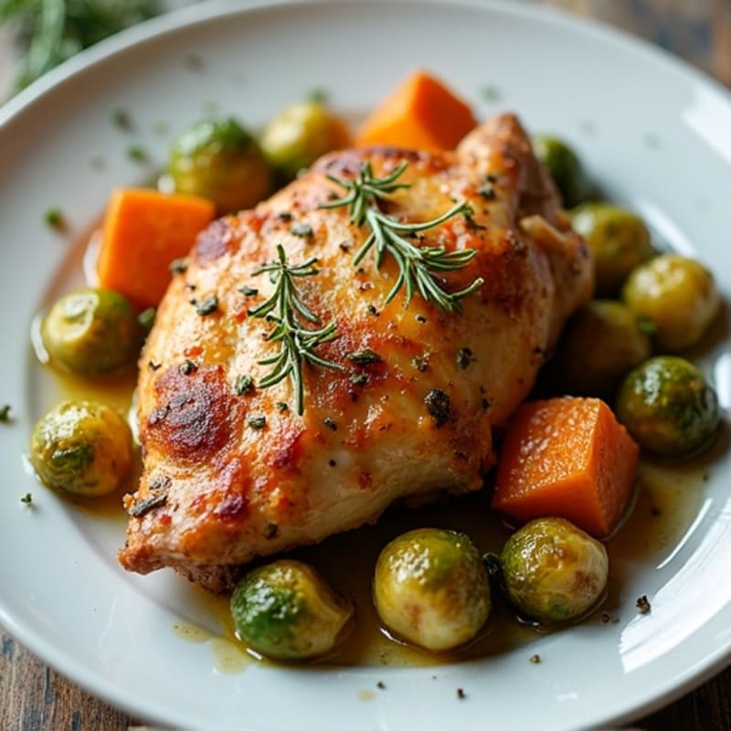 Crispy Lemon-Herb Roasted Chicken Thighs with Roasted Brussels Sprouts and Sweet Potatoes