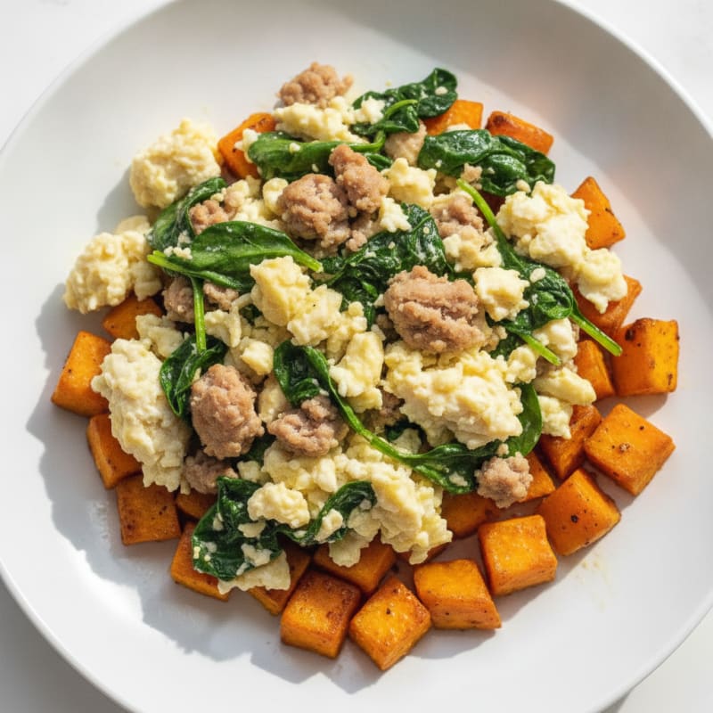 Egg White and Turkey Sausage Scramble with Spinach and Roasted Sweet Potatoes