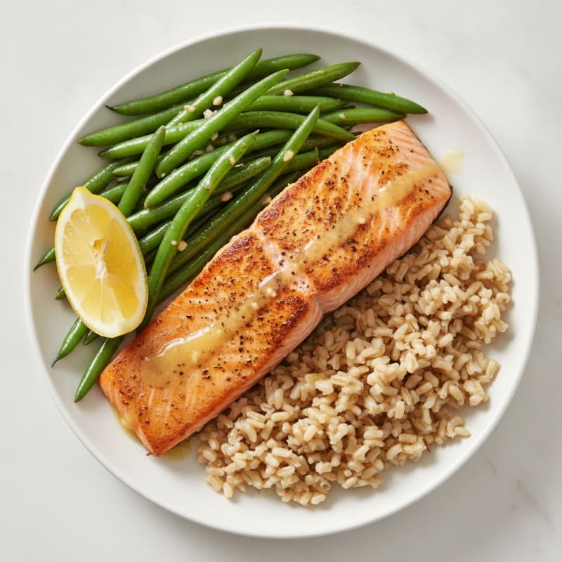 Seared Salmon Fillet with Garlic Green Beans and Brown Rice
