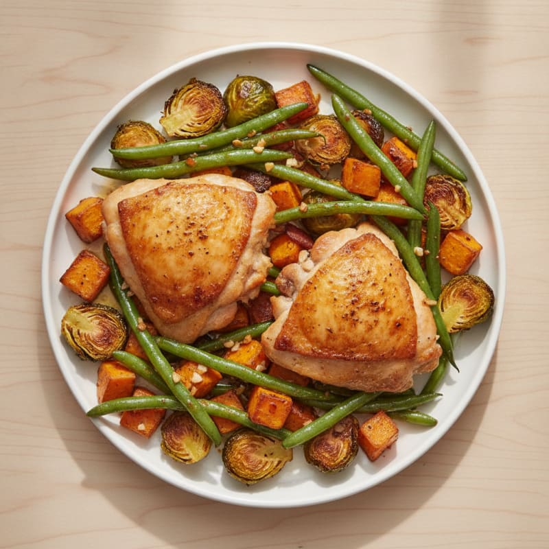 Oven-Baked Chicken Thighs with Crispy Brussel Sprouts and Garlic Green Beans