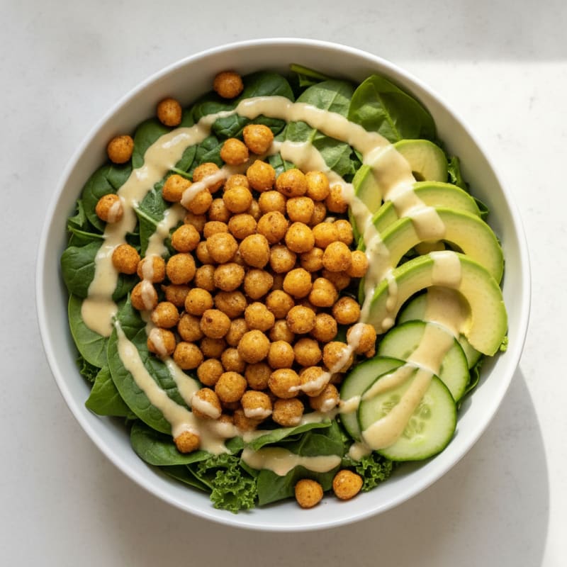 Crispy Chickpea and Avocado Salad Bowl with Lemon-Tahini Dressing