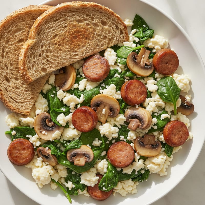 Egg White Spinach Scramble with Turkey Sausage and Sautéed Mushrooms
