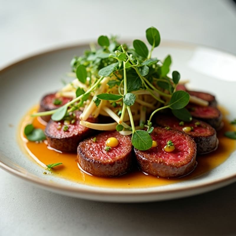 Roasted Wagyu Beef with Caramelized Fennel, Leeks, and Kohlrabi Greens