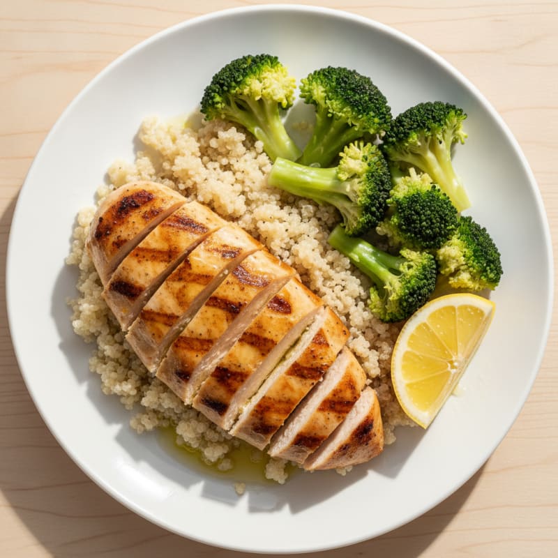 Grilled Chicken Breast with Steamed Broccoli and Quinoa