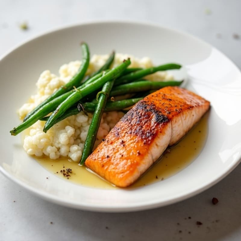 Seared Salmon with Steamed Green Beans and Cauliflower Mash