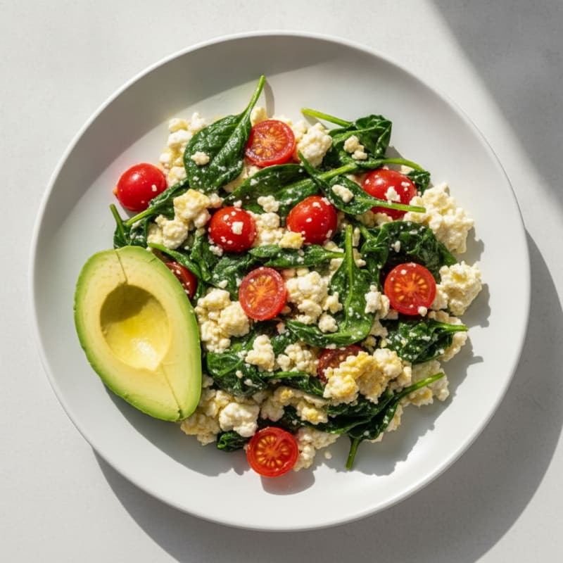 Cottage Cheese Egg White Scramble with Sautéed Spinach and Cherry Tomatoes