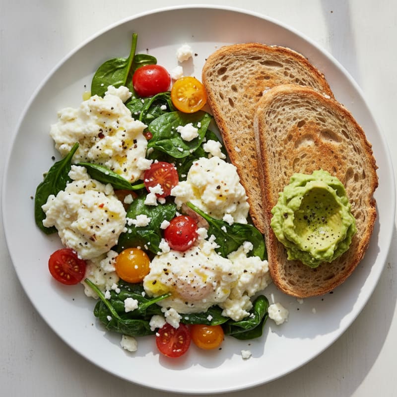 Egg White and Spinach Scramble with Feta and Cherry Tomatoes