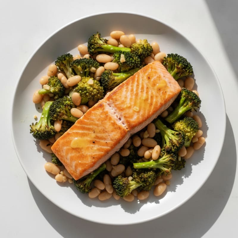 Seared Salmon with Roasted Broccoli and Cannellini Beans