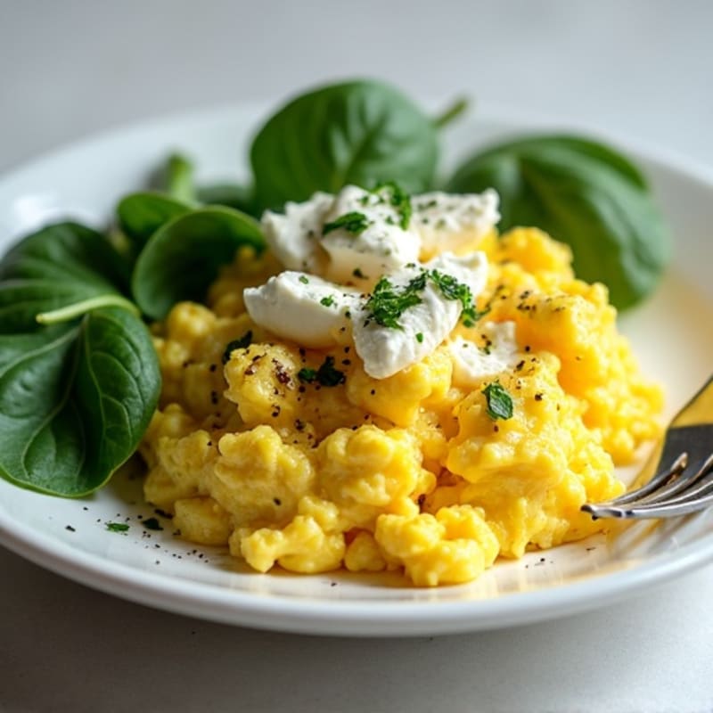 Fluffy Scrambled Eggs with Fresh Spinach and Creamy Feta