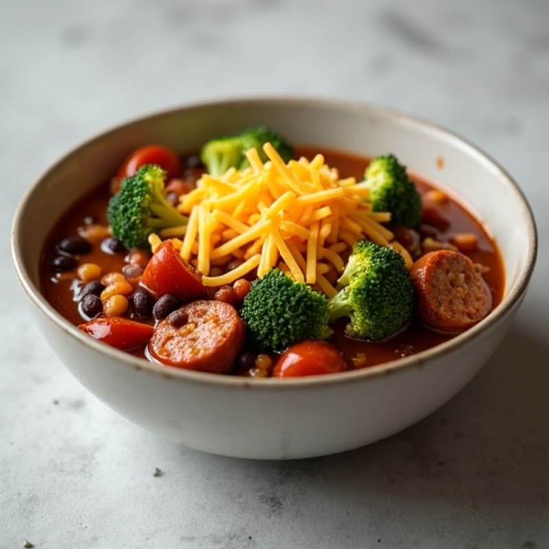 Cheesy Lean Turkey Chili with Chicken Sausage and Roasted Broccoli