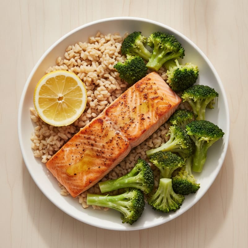 Seared Salmon with Steamed Broccoli and Brown Rice