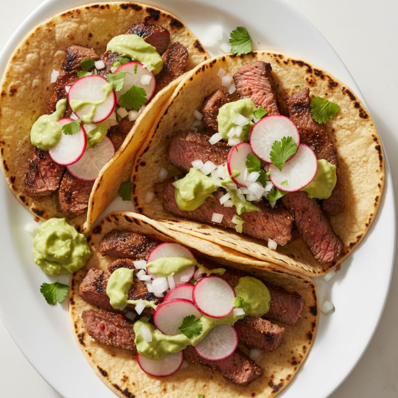 Carne Asada Tacos with Avocado Crema