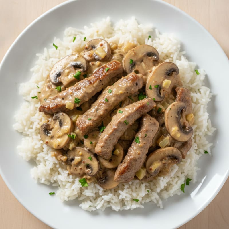 Savory Beef Stroganoff with Fluffy Rice
