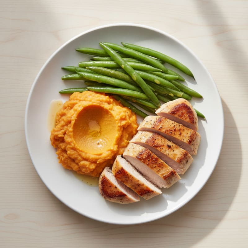 Seared Turkey Breast with Steamed Green Beans and Sweet Potato Mash