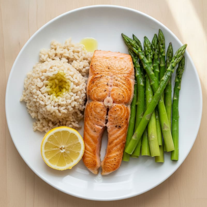 Seared Salmon Fillet with Steamed Asparagus and Brown Rice