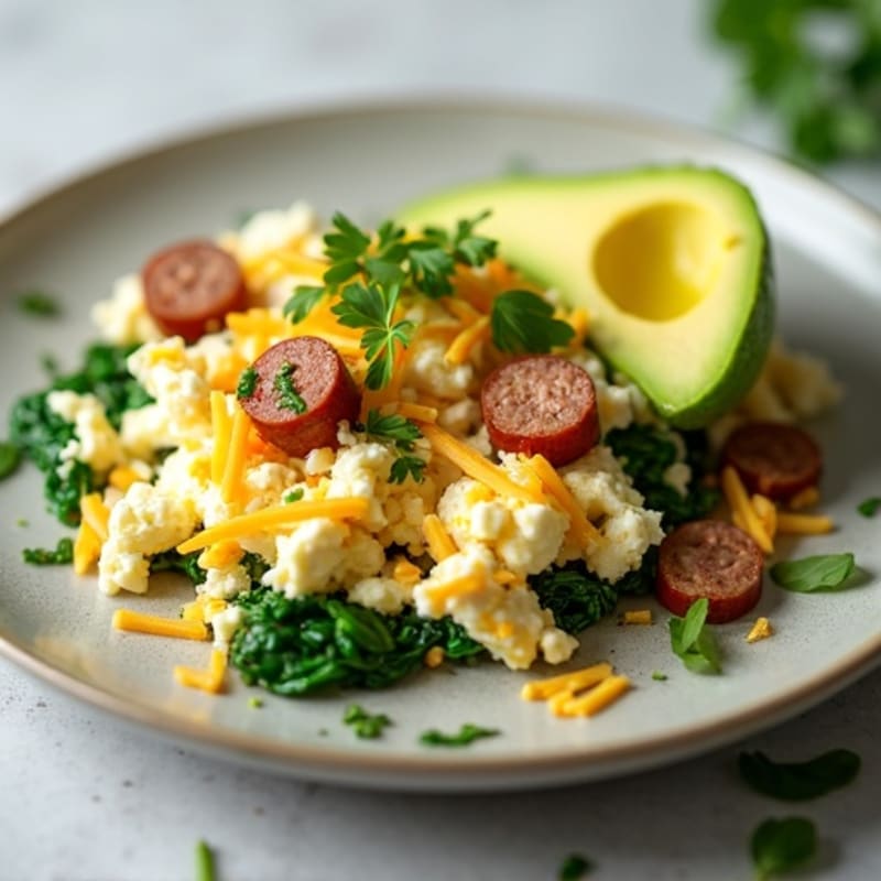 Egg White and Turkey Sausage Scramble with Cottage Cheese and Spinach
