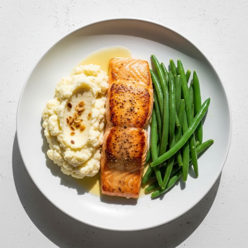 Seared Salmon with Steamed Green Beans and Garlic Mashed Cauliflower