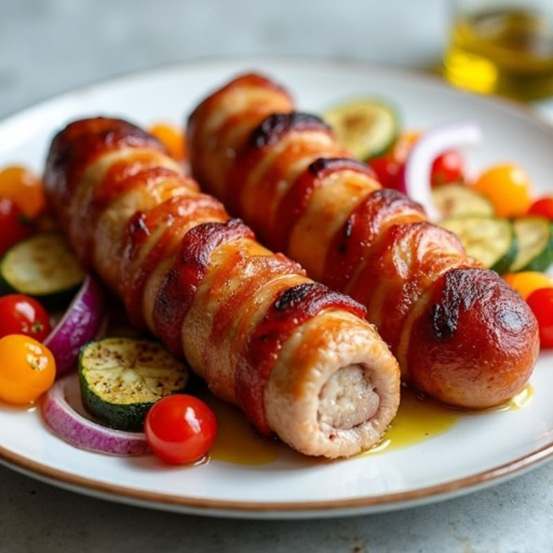 Crispy Bacon-Wrapped Turkey Sausage with Roasted Vegetables