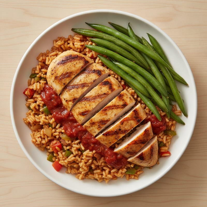 Grilled Chicken Breast with Sofrito Brown Rice and Steamed Green Beans