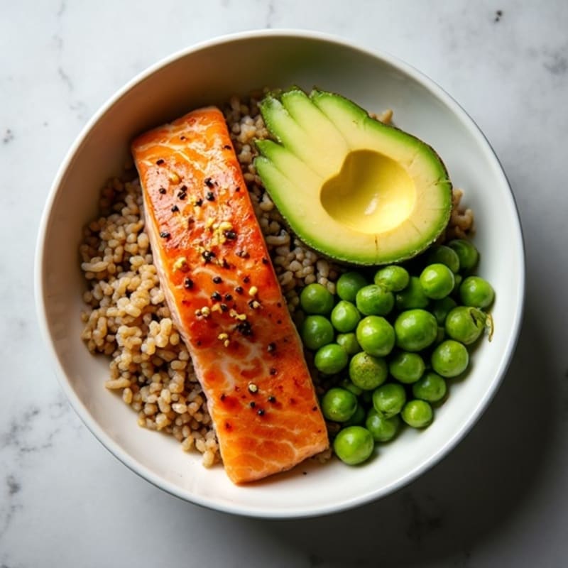 Sesame-Ginger Roasted Salmon Brown Rice Bowl with Crunchy Edamame and Creamy Avocado