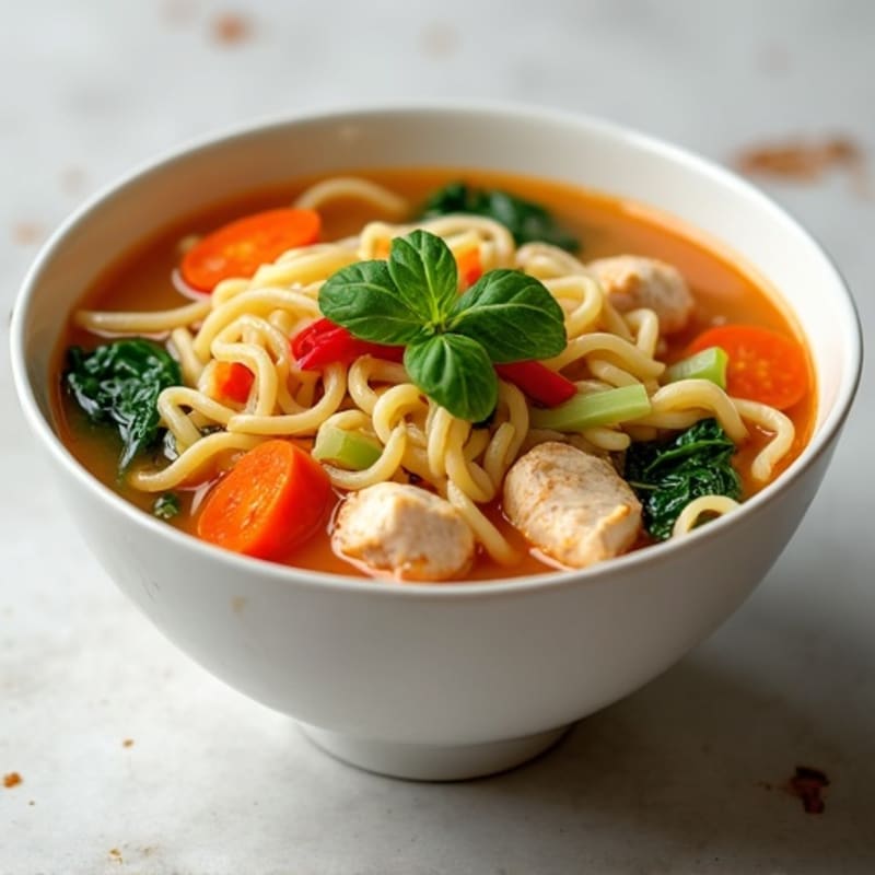 Chicken and Fresh Vegetable Noodle Soup with Spicy Sriracha